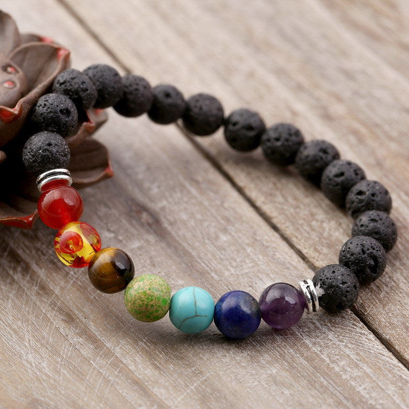 Men Women 8mm Lava Rock 7 Chakra Aromatherapy Essential Oil Diffuser Bracelet Elastic Natural Stone Yoga Beads Bracelet Harajuku